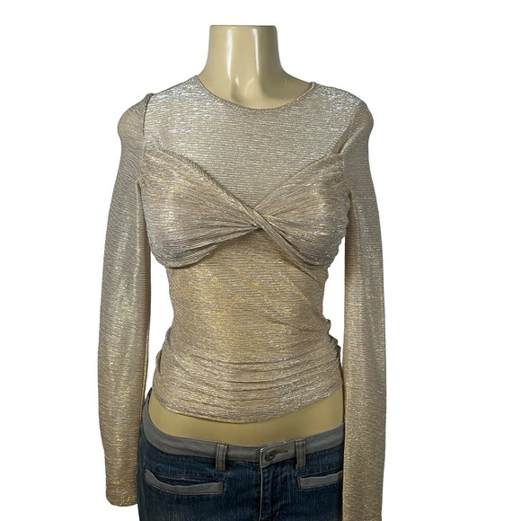 Anthropologie Tops - Anthropologie Metallic Twisted Bust Long Sleeve Sheer Top Metallic Gold Sr XXS